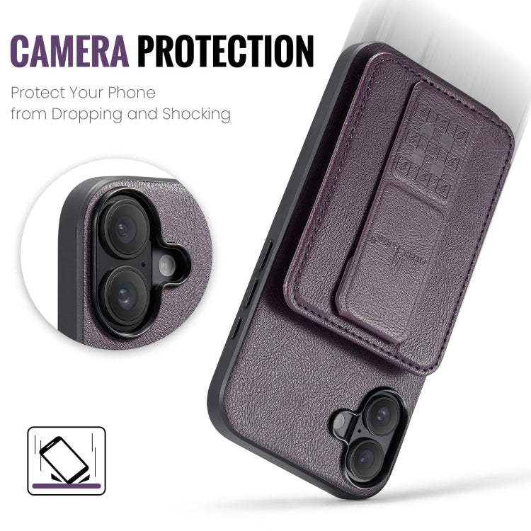 For iPhone 16 Plus Fierre Shann Oil Wax Cow Leather Card Holder Back Phone Case(Purple) by FIERRE SHANN