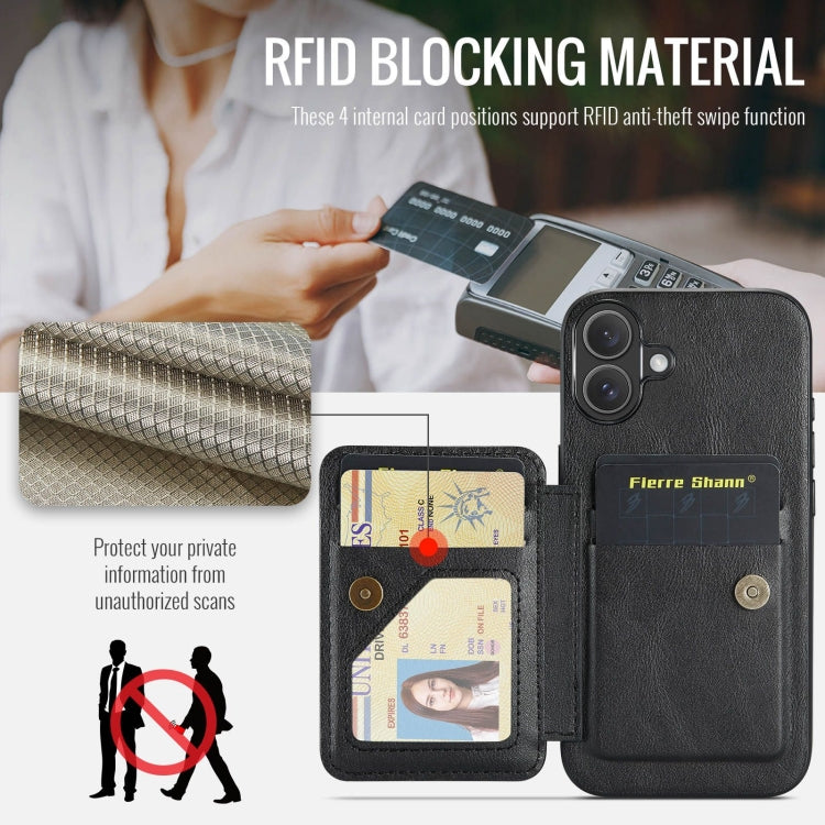 For iPhone 16 Fierre Shann Oil Wax Cow Leather Card Holder Back Phone Case(Black) by FIERRE SHANN
