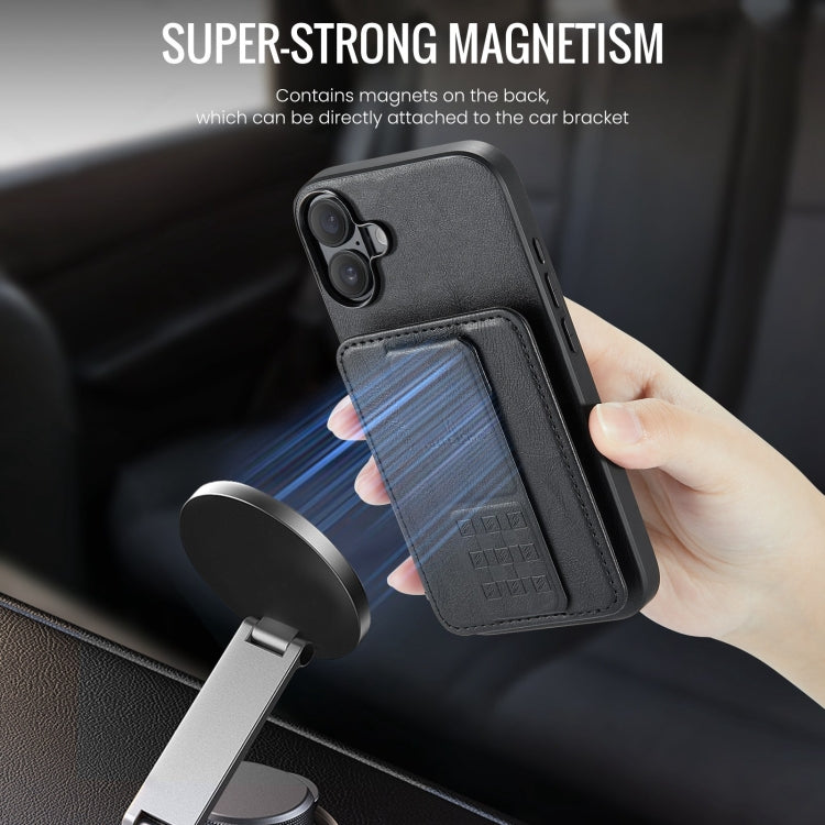 For iPhone 16 Fierre Shann Oil Wax Cow Leather Card Holder Back Phone Case(Black) by FIERRE SHANN