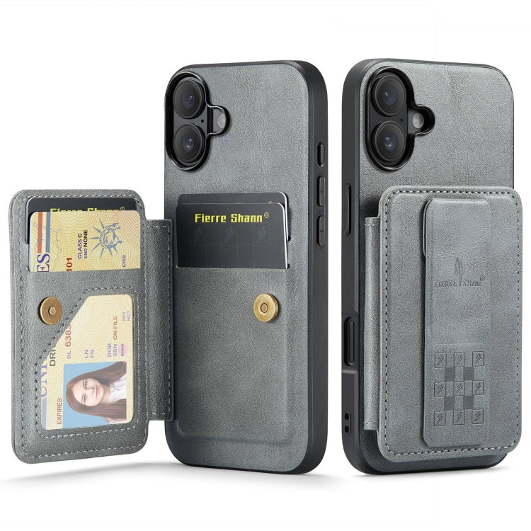 For iPhone 16 Fierre Shann Oil Wax Cow Leather Card Holder Back Phone Case(Grey) by FIERRE SHANN