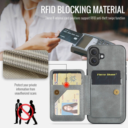 For iPhone 16 Fierre Shann Oil Wax Cow Leather Card Holder Back Phone Case(Grey) by FIERRE SHANN