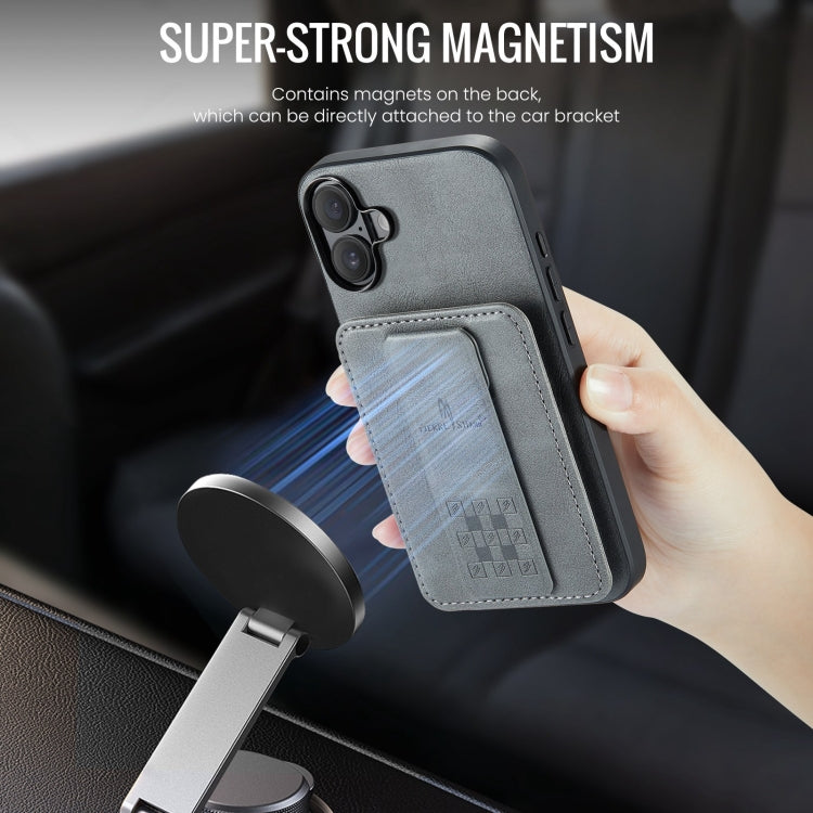For iPhone 16 Fierre Shann Oil Wax Cow Leather Card Holder Back Phone Case(Grey) by FIERRE SHANN