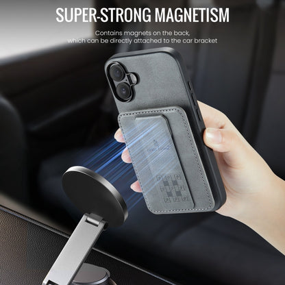 For iPhone 16 Fierre Shann Oil Wax Cow Leather Card Holder Back Phone Case(Grey) by FIERRE SHANN