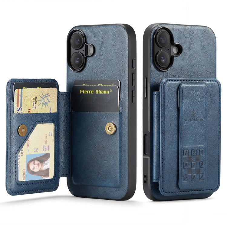 For iPhone 16 Fierre Shann Oil Wax Cow Leather Card Holder Back Phone Case(Blue) by FIERRE SHANN