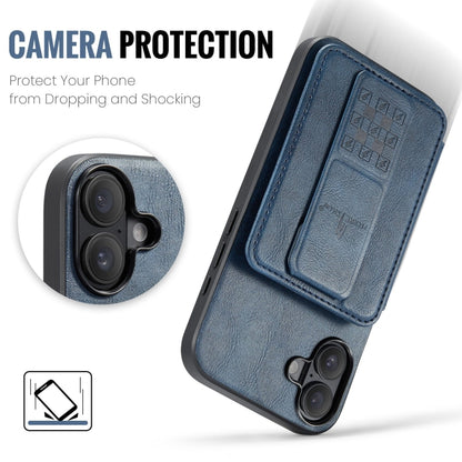 For iPhone 16 Fierre Shann Oil Wax Cow Leather Card Holder Back Phone Case(Blue) by FIERRE SHANN