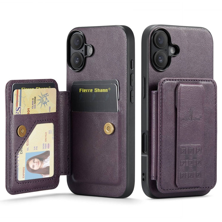 For iPhone 16 Fierre Shann Oil Wax Cow Leather Card Holder Back Phone Case(Purple) by FIERRE SHANN