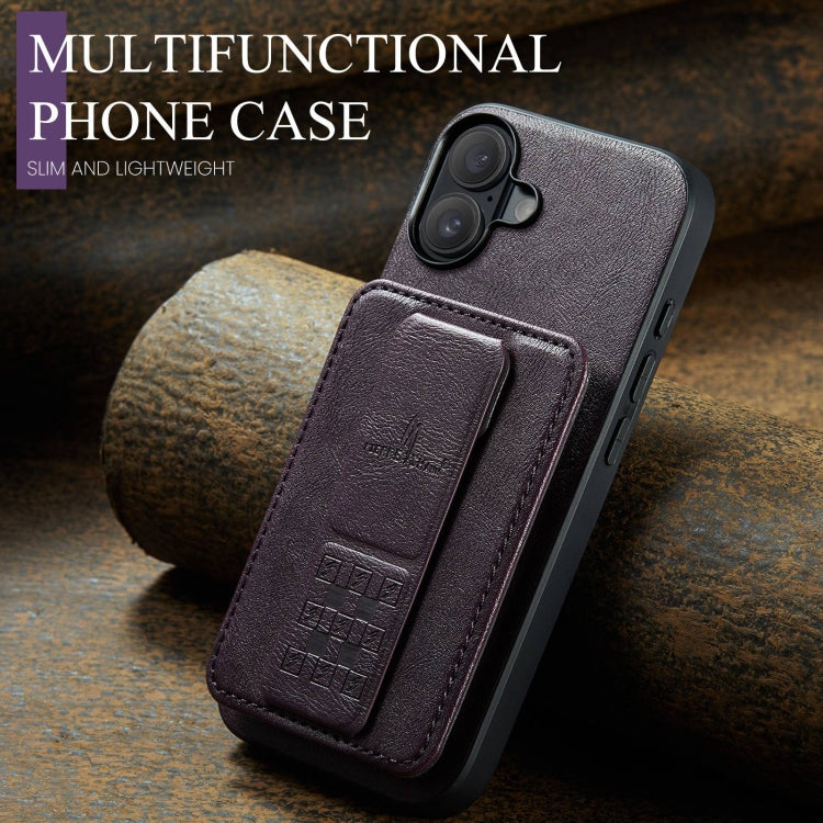 For iPhone 16 Fierre Shann Oil Wax Cow Leather Card Holder Back Phone Case(Purple) by FIERRE SHANN