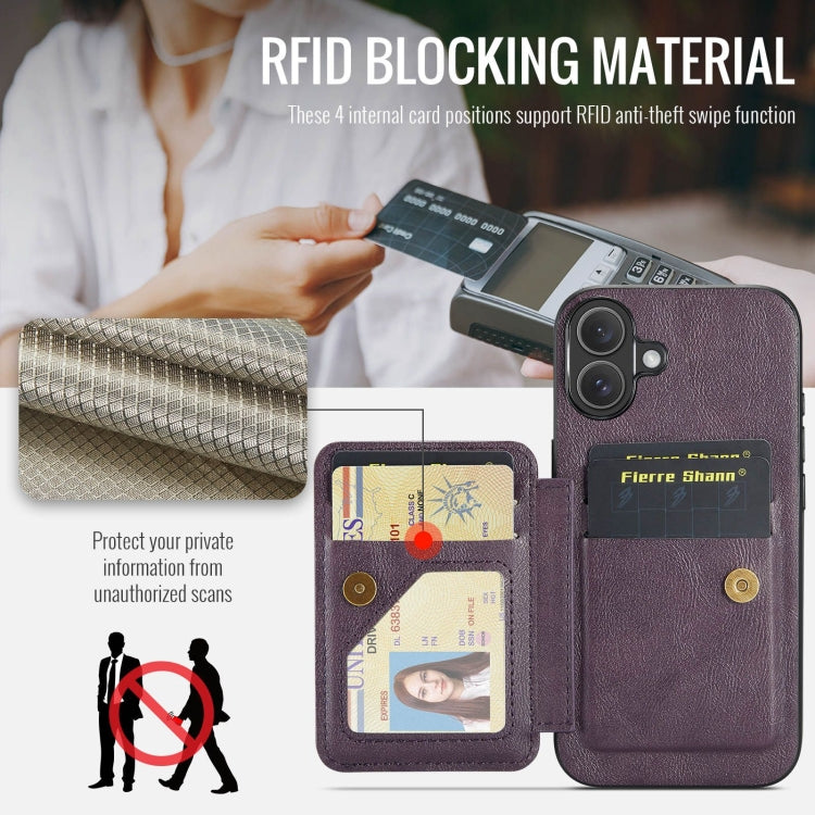 For iPhone 16 Fierre Shann Oil Wax Cow Leather Card Holder Back Phone Case(Purple) by FIERRE SHANN