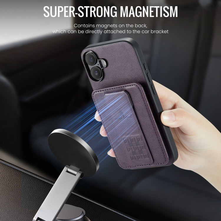 For iPhone 16 Fierre Shann Oil Wax Cow Leather Card Holder Back Phone Case(Purple) by FIERRE SHANN