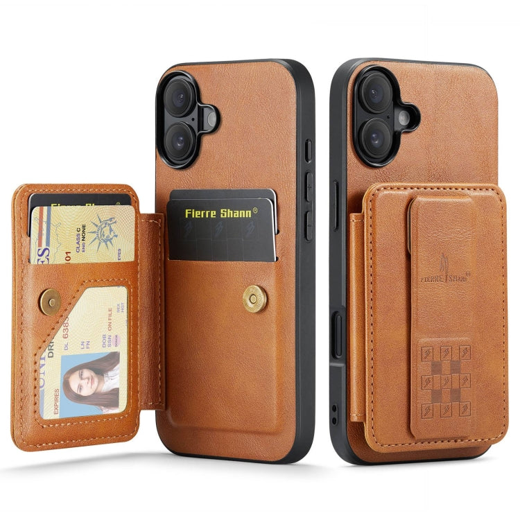 For iPhone 16 Fierre Shann Oil Wax Cow Leather Card Holder Back Phone Case(Brown) by FIERRE SHANN