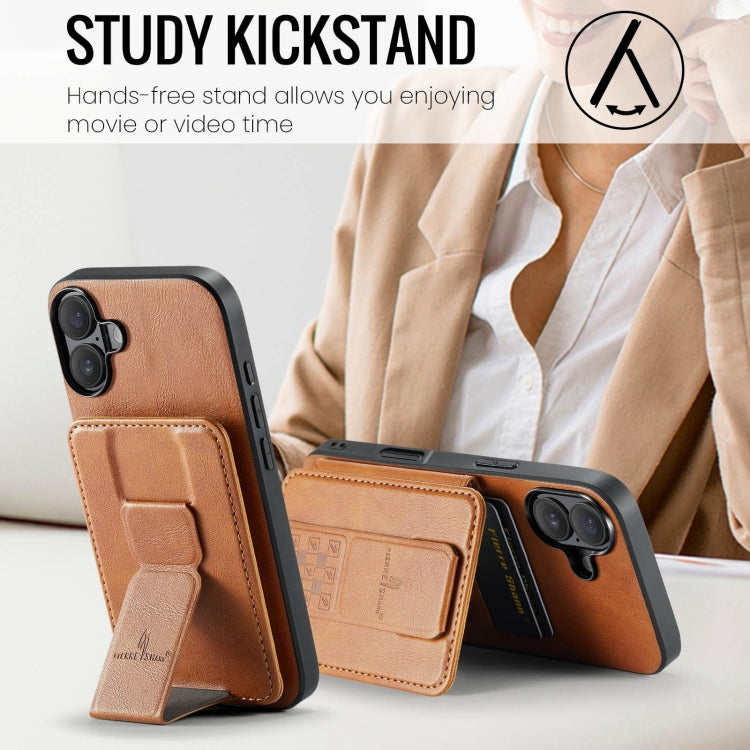 For iPhone 16 Fierre Shann Oil Wax Cow Leather Card Holder Back Phone Case(Brown) by FIERRE SHANN