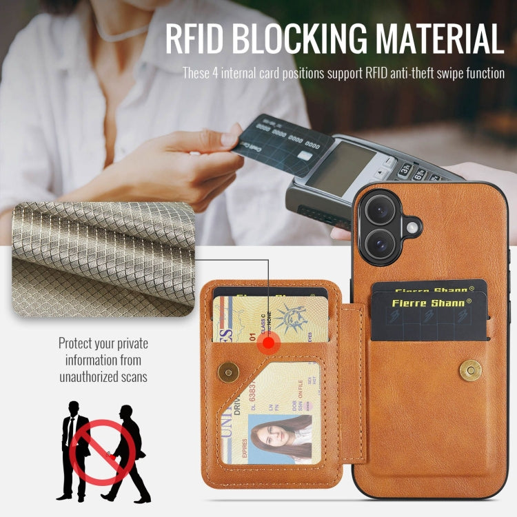 For iPhone 16 Fierre Shann Oil Wax Cow Leather Card Holder Back Phone Case(Brown) by FIERRE SHANN