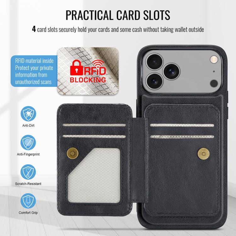 For iPhone 17 Pro Max Fierre Shann Oil Wax Cow Leather Card Holder Back Phone Case(Black) by FIERRE SHANN