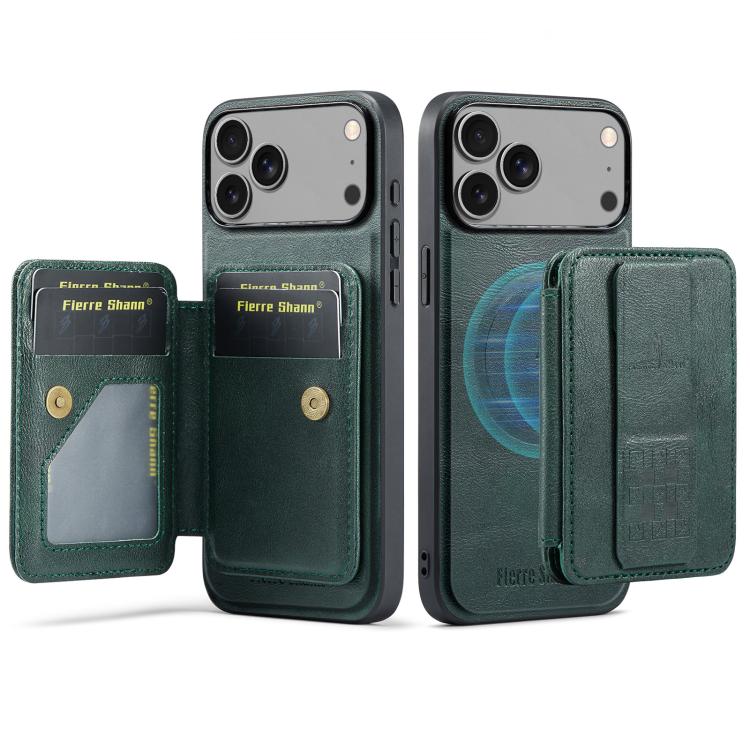 For iPhone 17 Pro Max Fierre Shann Oil Wax Cow Leather Card Holder Back Phone Case(Green) by FIERRE SHANN
