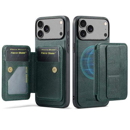 For iPhone 17 Pro Max Fierre Shann Oil Wax Cow Leather Card Holder Back Phone Case(Green) by FIERRE SHANN