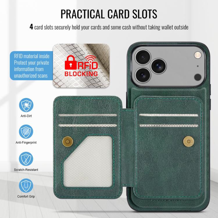For iPhone 17 Pro Max Fierre Shann Oil Wax Cow Leather Card Holder Back Phone Case(Green) by FIERRE SHANN