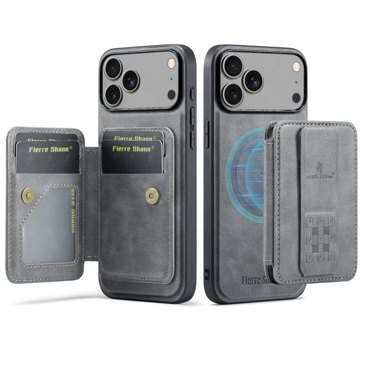 For iPhone 17 Pro Max Fierre Shann Oil Wax Cow Leather Card Holder Back Phone Case(Grey) by FIERRE SHANN