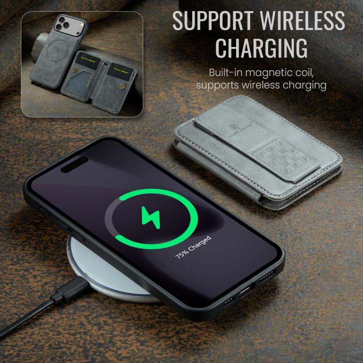 For iPhone 17 Pro Max Fierre Shann Oil Wax Cow Leather Card Holder Back Phone Case(Grey) by FIERRE SHANN