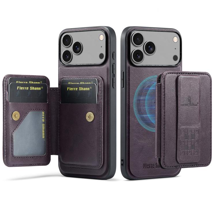 For iPhone 17 Pro Max Fierre Shann Oil Wax Cow Leather Card Holder Back Phone Case(Purple) by FIERRE SHANN