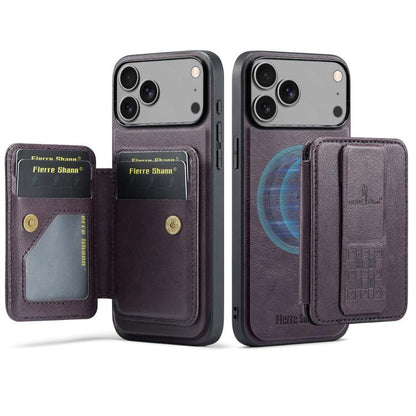 For iPhone 17 Pro Max Fierre Shann Oil Wax Cow Leather Card Holder Back Phone Case(Purple) by FIERRE SHANN