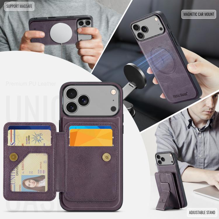 For iPhone 17 Pro Max Fierre Shann Oil Wax Cow Leather Card Holder Back Phone Case(Purple) by FIERRE SHANN