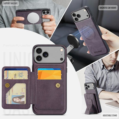 For iPhone 17 Pro Max Fierre Shann Oil Wax Cow Leather Card Holder Back Phone Case(Purple) by FIERRE SHANN