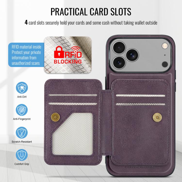 For iPhone 17 Pro Max Fierre Shann Oil Wax Cow Leather Card Holder Back Phone Case(Purple) by FIERRE SHANN