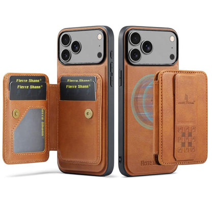 For iPhone 17 Pro Max Fierre Shann Oil Wax Cow Leather Card Holder Back Phone Case(Brown) by FIERRE SHANN