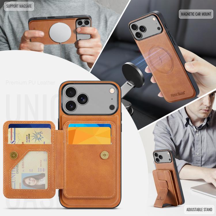 For iPhone 17 Pro Max Fierre Shann Oil Wax Cow Leather Card Holder Back Phone Case(Brown) by FIERRE SHANN