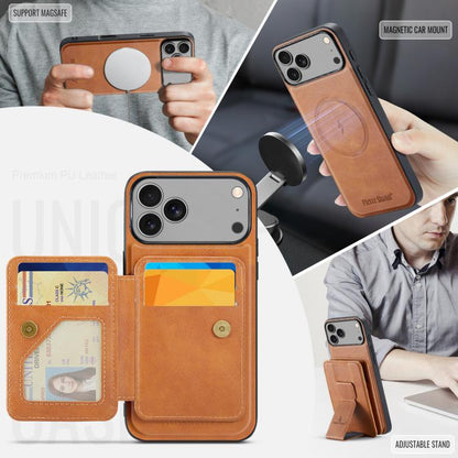 For iPhone 17 Pro Max Fierre Shann Oil Wax Cow Leather Card Holder Back Phone Case(Brown) by FIERRE SHANN