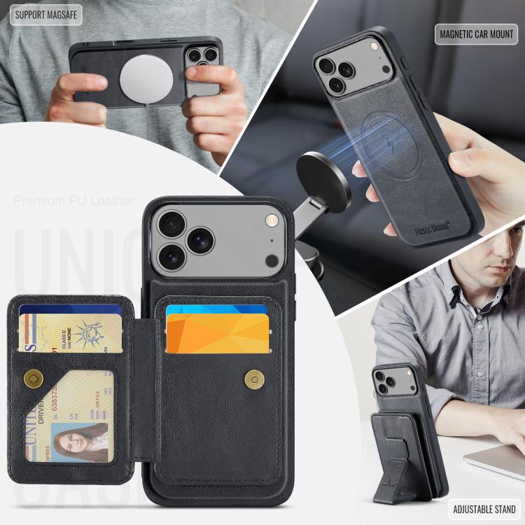 For iPhone 17 Pro Fierre Shann Oil Wax Cow Leather Card Holder Back Phone Case(Black) by FIERRE SHANN