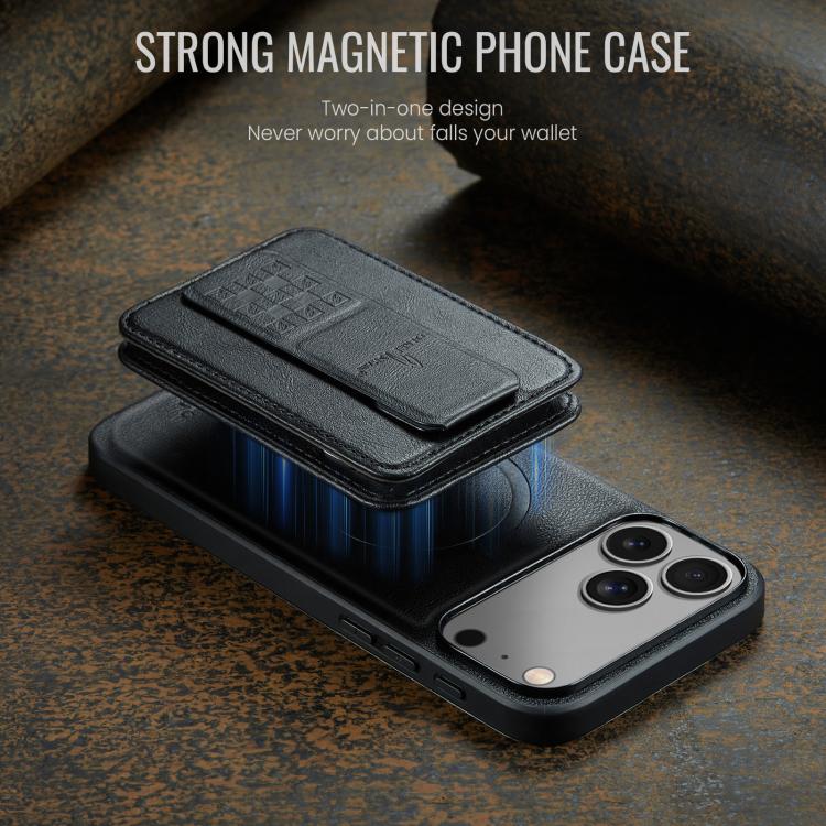 For iPhone 17 Pro Fierre Shann Oil Wax Cow Leather Card Holder Back Phone Case(Black) by FIERRE SHANN