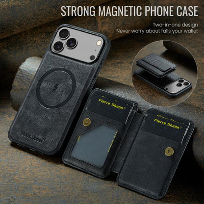 For iPhone 17 Pro Fierre Shann Oil Wax Cow Leather Card Holder Back Phone Case(Black) by FIERRE SHANN