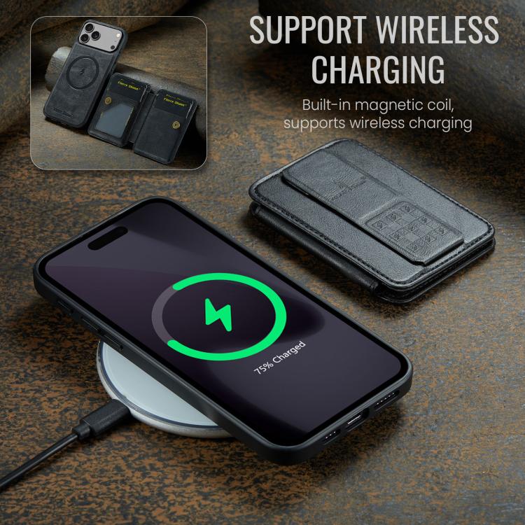 For iPhone 17 Pro Fierre Shann Oil Wax Cow Leather Card Holder Back Phone Case(Black) by FIERRE SHANN