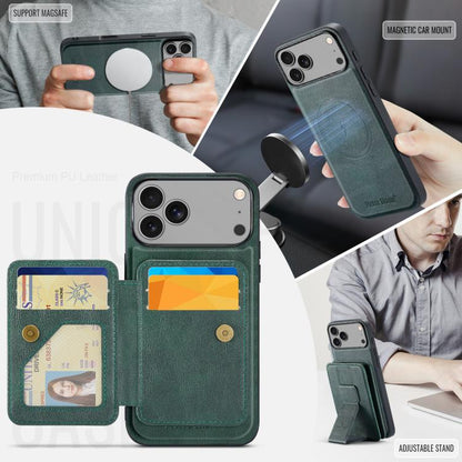 For iPhone 17 Pro Fierre Shann Oil Wax Cow Leather Card Holder Back Phone Case(Green) by FIERRE SHANN