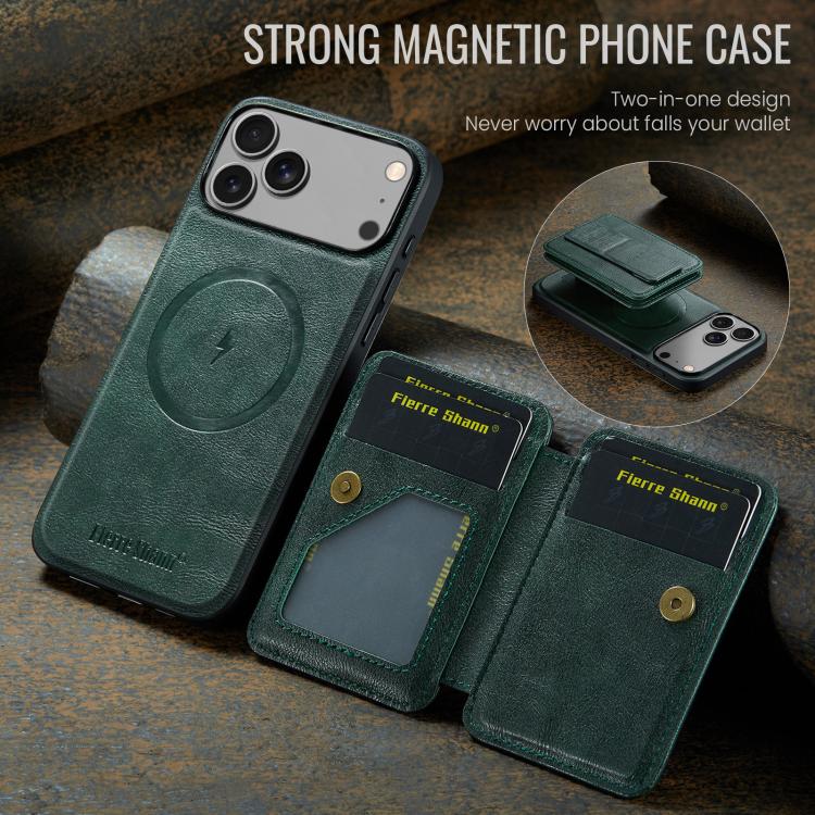 For iPhone 17 Pro Fierre Shann Oil Wax Cow Leather Card Holder Back Phone Case(Green) by FIERRE SHANN