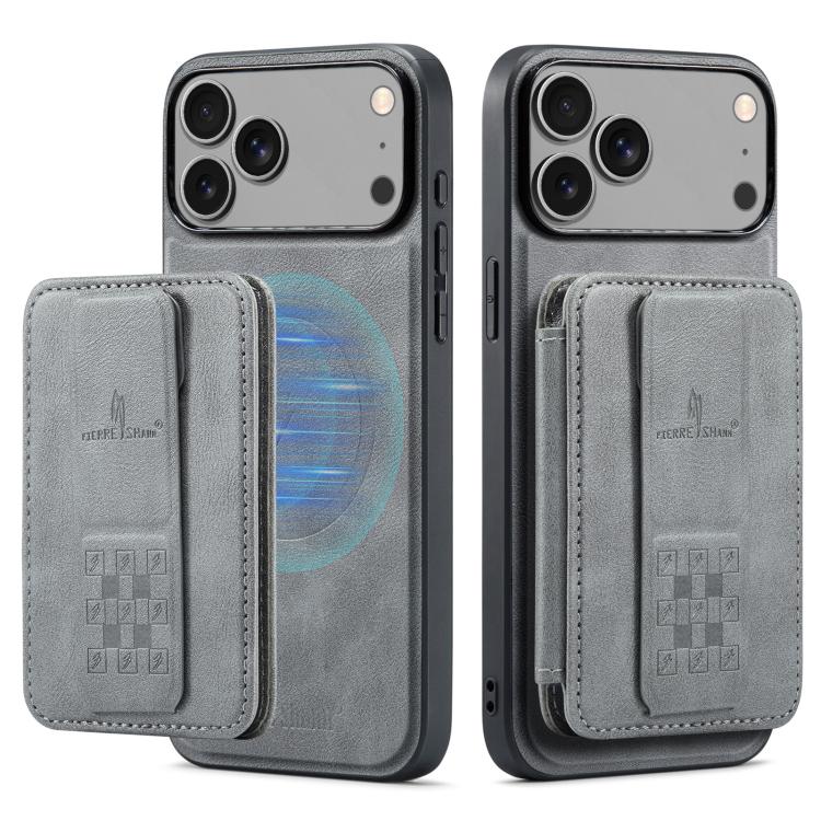 For iPhone 17 Pro Fierre Shann Oil Wax Cow Leather Card Holder Back Phone Case(Grey) by FIERRE SHANN