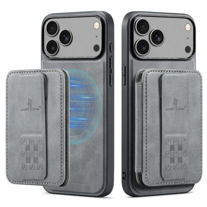 For iPhone 17 Pro Fierre Shann Oil Wax Cow Leather Card Holder Back Phone Case(Grey) by FIERRE SHANN