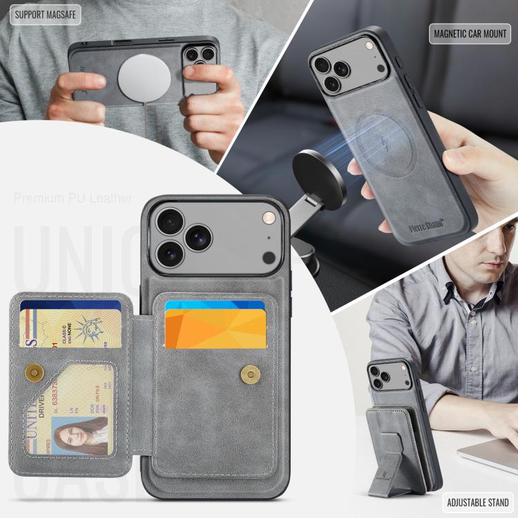 For iPhone 17 Pro Fierre Shann Oil Wax Cow Leather Card Holder Back Phone Case(Grey) by FIERRE SHANN