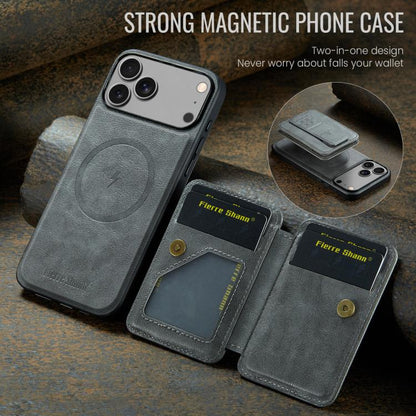 For iPhone 17 Pro Fierre Shann Oil Wax Cow Leather Card Holder Back Phone Case(Grey) by FIERRE SHANN
