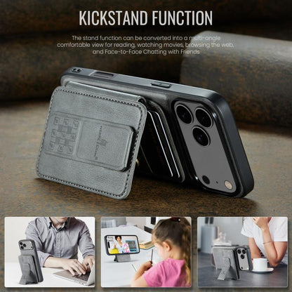 For iPhone 17 Pro Fierre Shann Oil Wax Cow Leather Card Holder Back Phone Case(Grey) by FIERRE SHANN