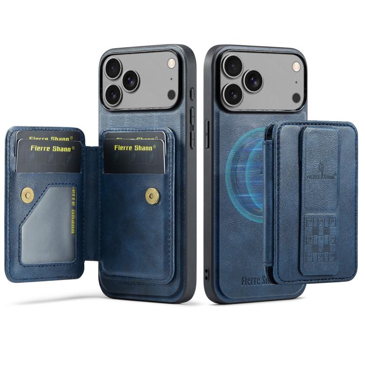 For iPhone 17 Pro Fierre Shann Oil Wax Cow Leather Card Holder Back Phone Case(Blue) by FIERRE SHANN