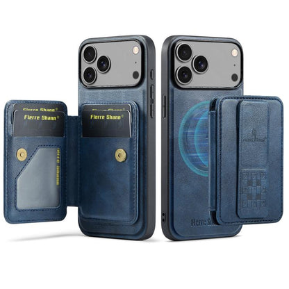 For iPhone 17 Pro Fierre Shann Oil Wax Cow Leather Card Holder Back Phone Case(Blue) by FIERRE SHANN