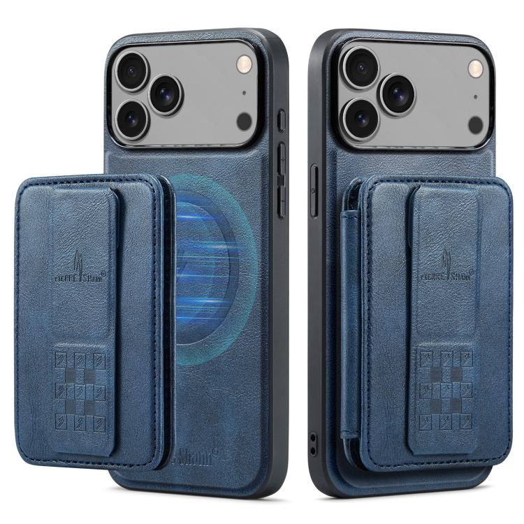 For iPhone 17 Pro Fierre Shann Oil Wax Cow Leather Card Holder Back Phone Case(Blue) by FIERRE SHANN