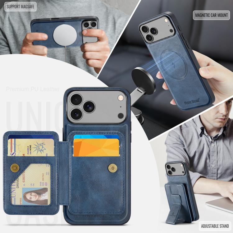 For iPhone 17 Pro Fierre Shann Oil Wax Cow Leather Card Holder Back Phone Case(Blue) by FIERRE SHANN