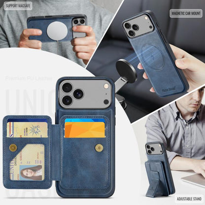 For iPhone 17 Pro Fierre Shann Oil Wax Cow Leather Card Holder Back Phone Case(Blue) by FIERRE SHANN