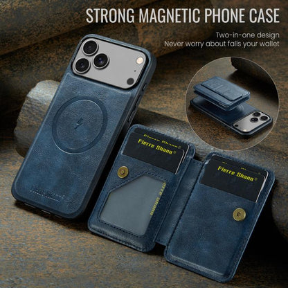For iPhone 17 Pro Fierre Shann Oil Wax Cow Leather Card Holder Back Phone Case(Blue) by FIERRE SHANN