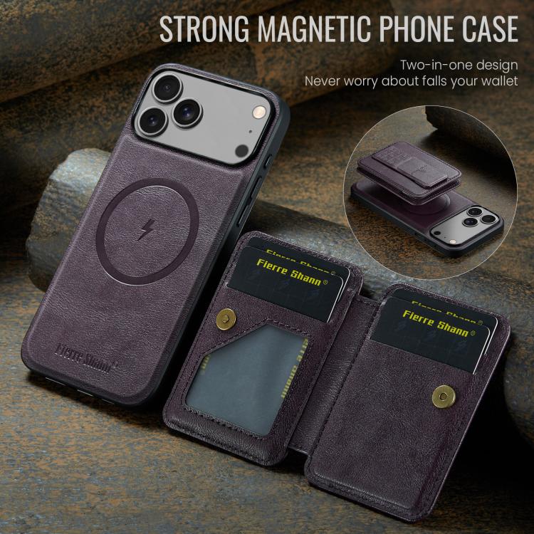 For iPhone 17 Pro Fierre Shann Oil Wax Cow Leather Card Holder Back Phone Case(Purple) by FIERRE SHANN