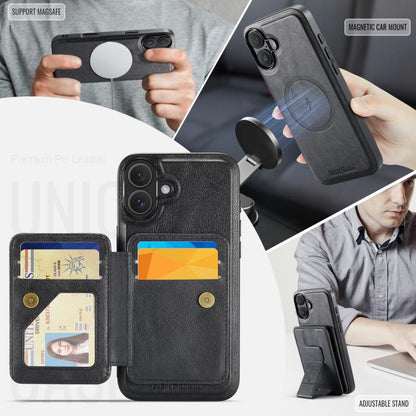 For iPhone 17 Fierre Shann Oil Wax Cow Leather Card Holder Back Phone Case(Black) by FIERRE SHANN