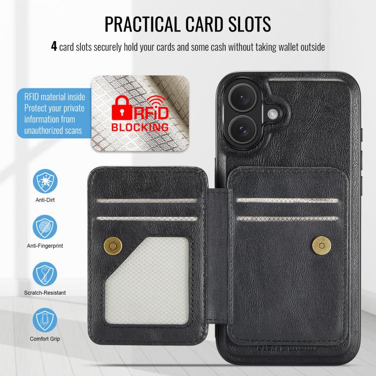 For iPhone 17 Fierre Shann Oil Wax Cow Leather Card Holder Back Phone Case(Black) by FIERRE SHANN